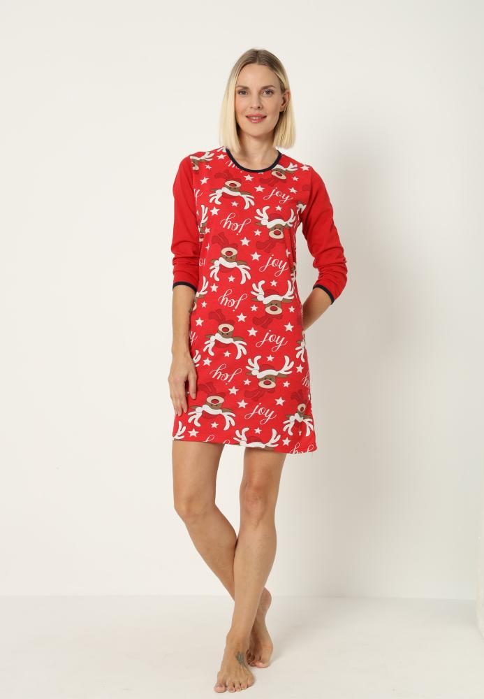 Camasa de noapte Craciun,imprimeu reni,culoare rosu ,En-gros